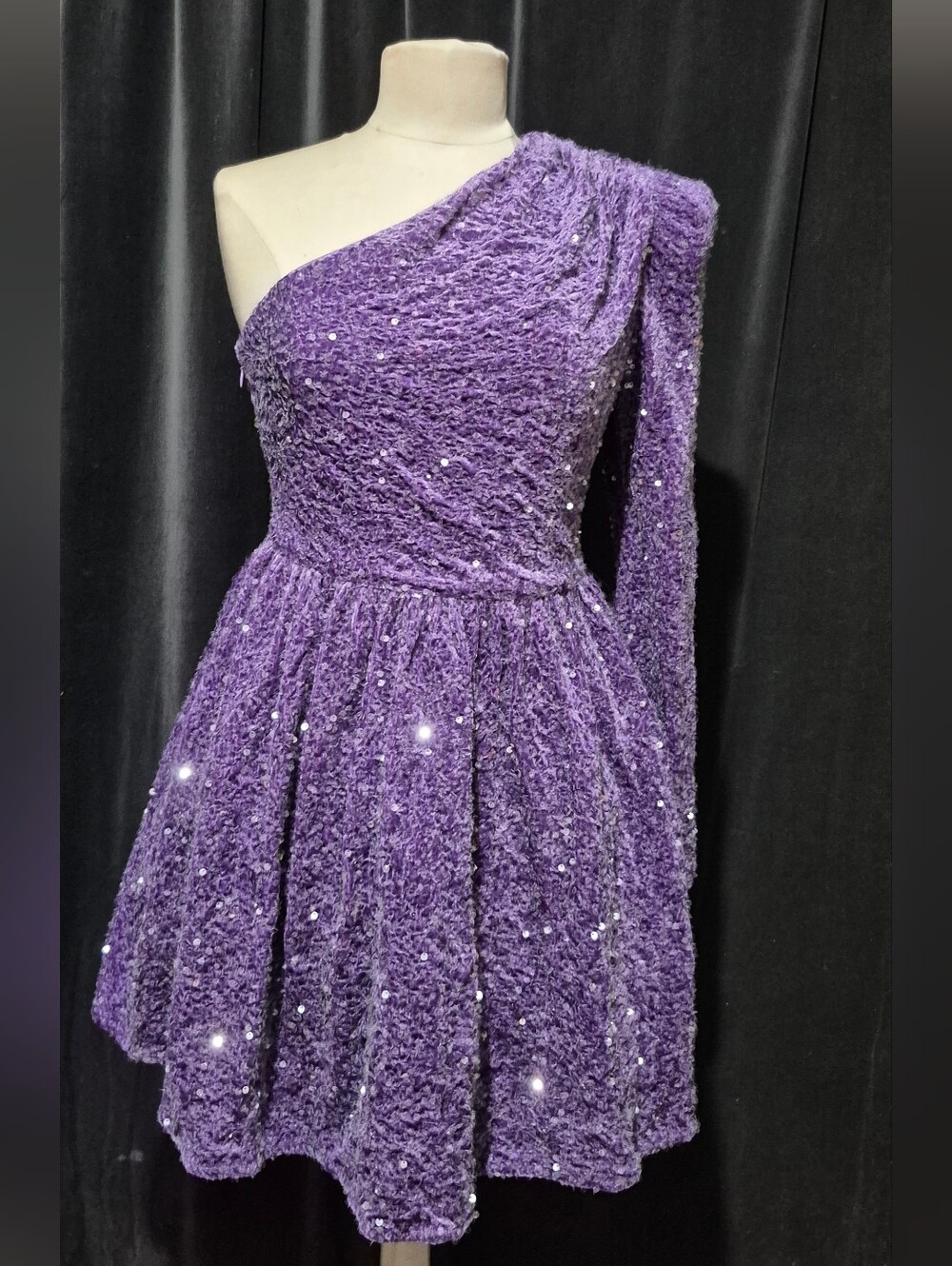 One-Shoulder Purple Sequin Party Dress